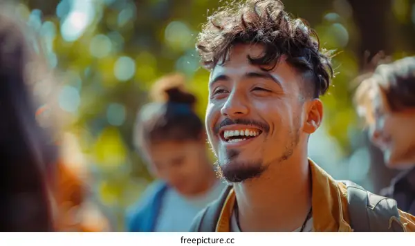 Hispanic young man smiling with friends in the background