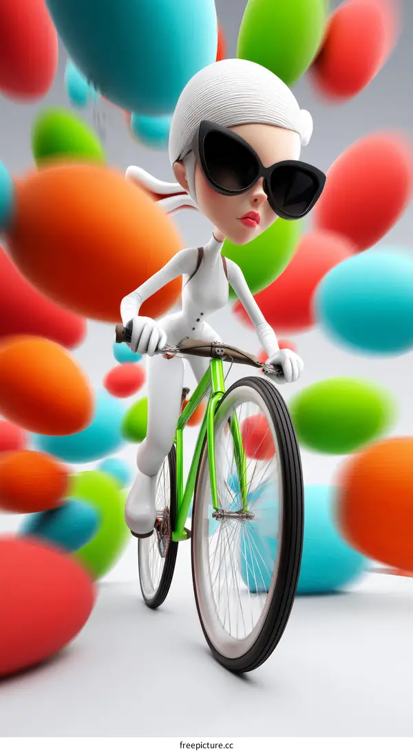 Stylish Cartoon Character Riding a Bicycle Among Colorful Balloons