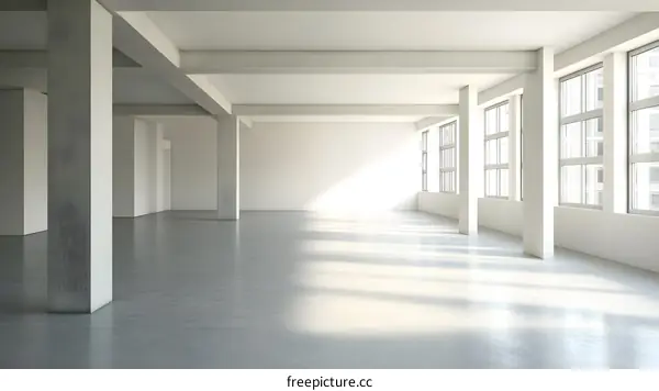 Modern Empty Room With Concrete Pillars And Large Windows