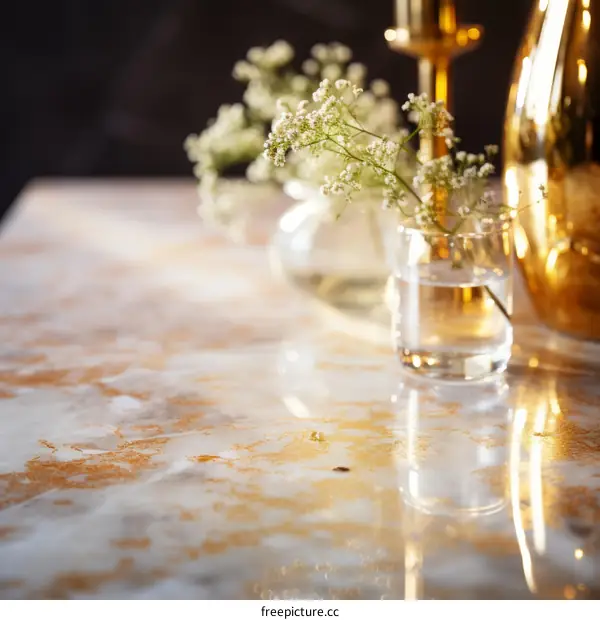Elegant White Flowers on a Golden Tabletop