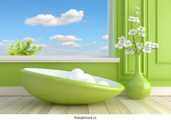 Green Bath with White Spheres and Flowers
