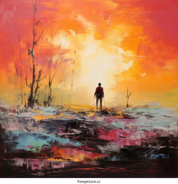 man in red jacket standing in a snowy field