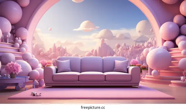 pink surreal landscape with sofa