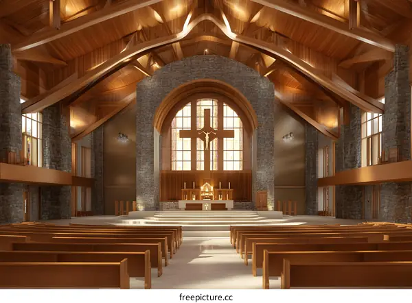 Modern Church Interior Design with Wooden Beams and Stone Walls