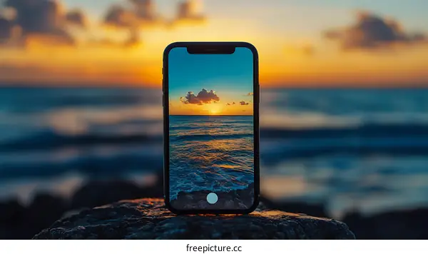Smartphone Capturing a Beautiful Sunset Over the Ocean