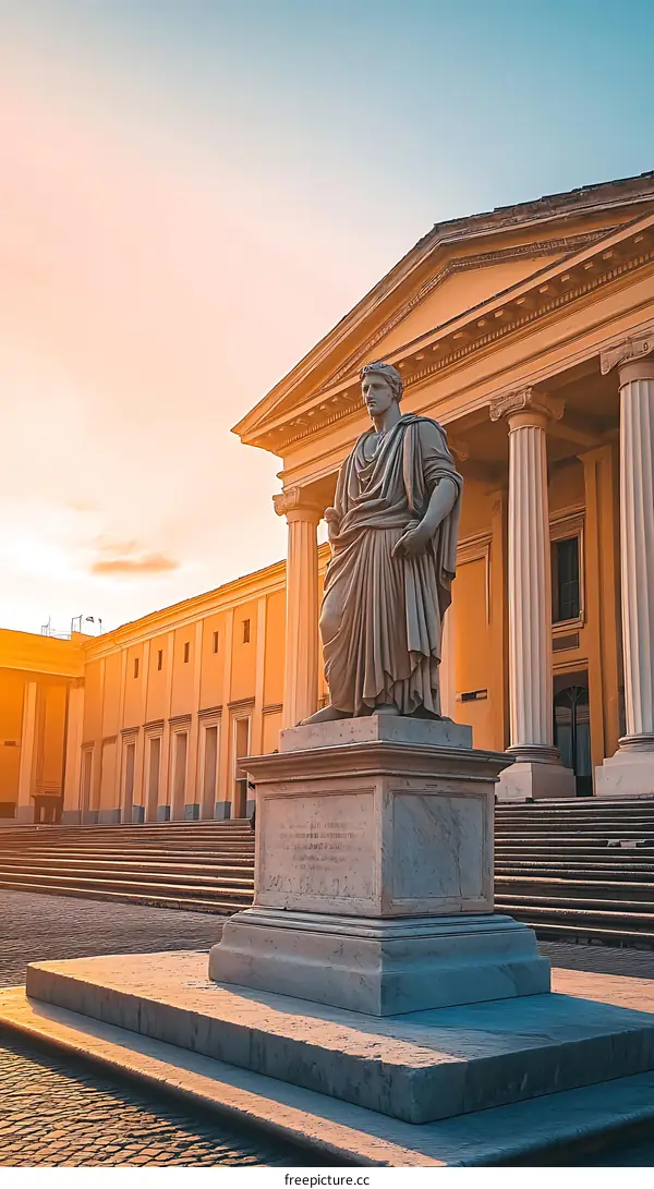 Roman Statue in Front of a Classical Building at Sunset