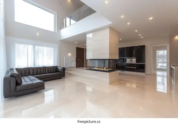 Modern Open-plan Living Area with Fireplace and Kitchen