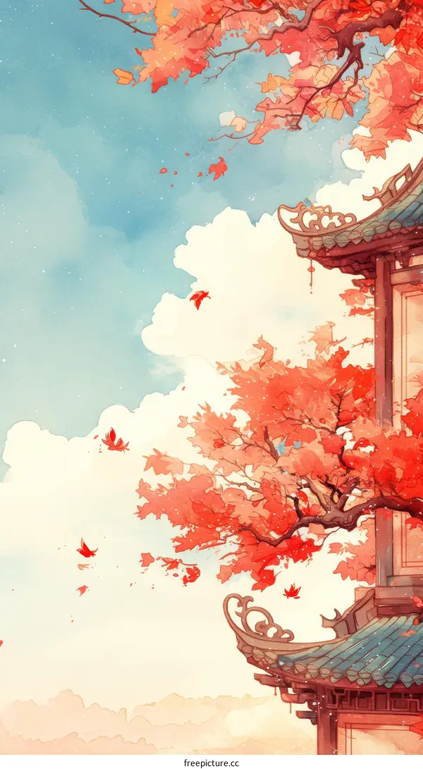 Ancient Chinese Architecture with Autumn Maple Leaves