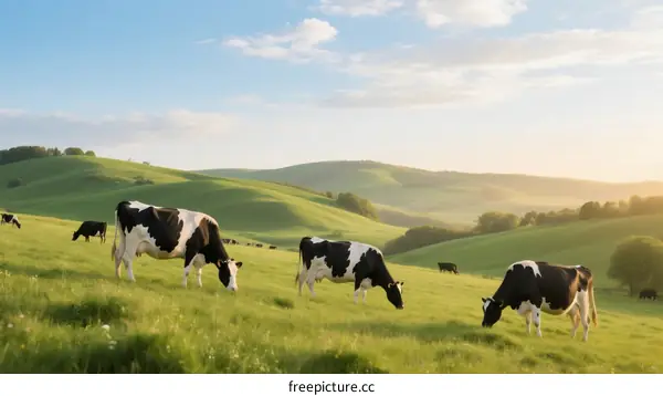 Cows Grazing on Lush Green Rolling Hills Under Clear Blue Sky