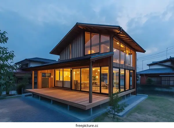 Modern Wooden House with Large Windows and Deck in Japan