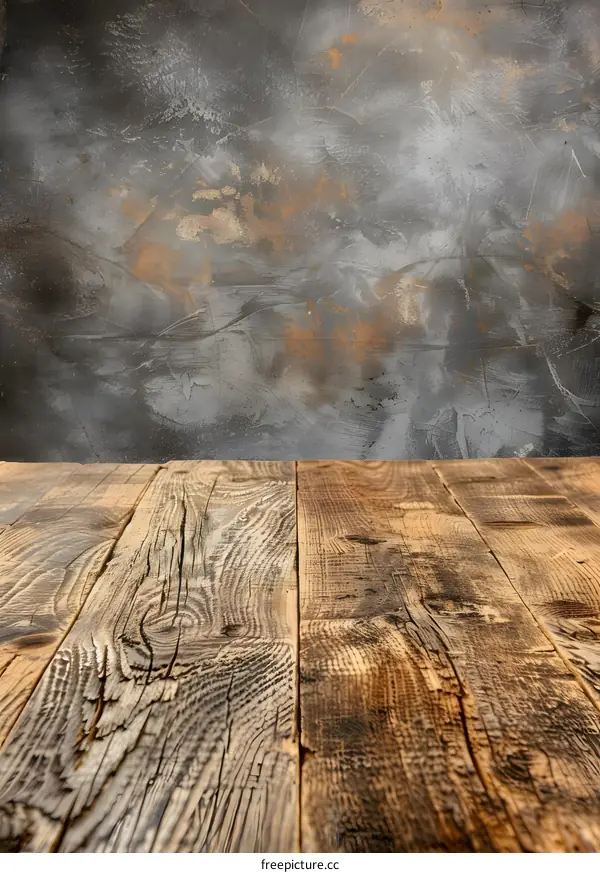 Rustic Wooden Table Top with Grey Concrete Background