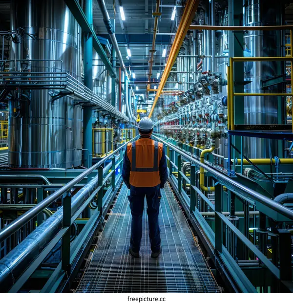 A worker wearing a hard hat and safety vest walks through a factory