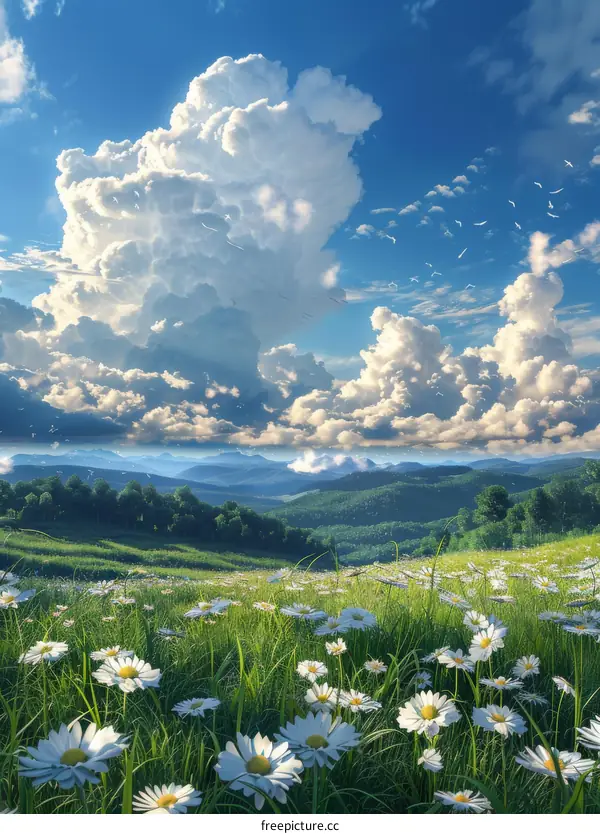 Green rolling hills and white puffy clouds with a field of white flowers in the foreground