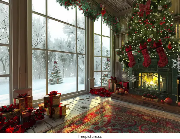 Christmas tree in a snowy living room