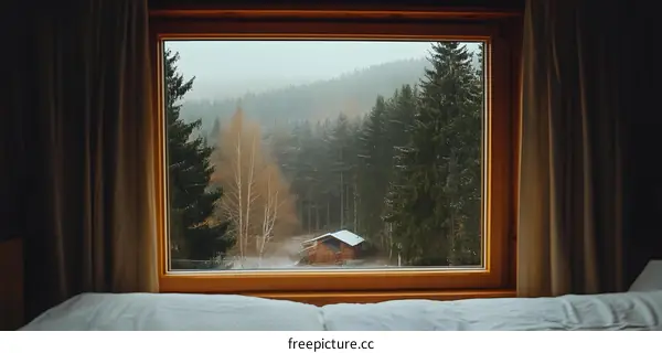 Window View of Snowy Forest with Cabin