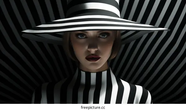 Black and white portrait of a woman wearing a striped hat and dress