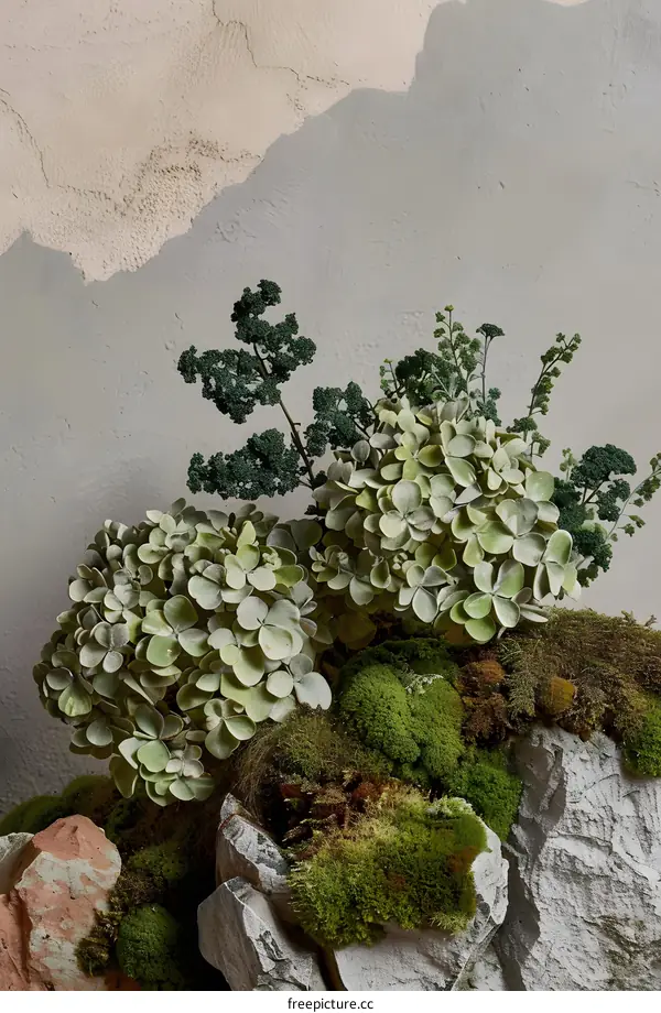 Green Hydrangea and Moss on Rock Background