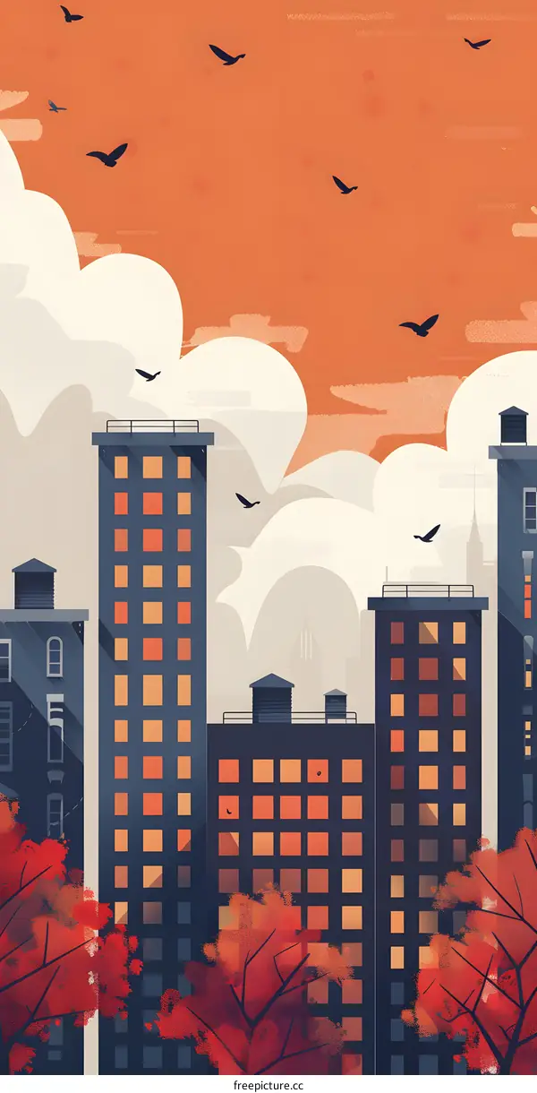 Cityscape Illustration with Buildings and Birds in Orange and Blue