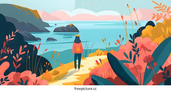 Woman Looking at the Sea from a Path in Nature