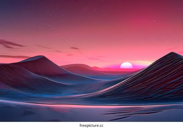 Blue and pink desert landscape with a large moon