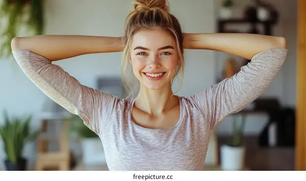 Smiling Woman Stretching Relaxing Posture