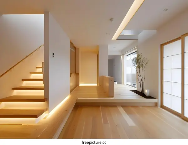 Modern Minimalist Interior Design With Wooden Stairs And Floor