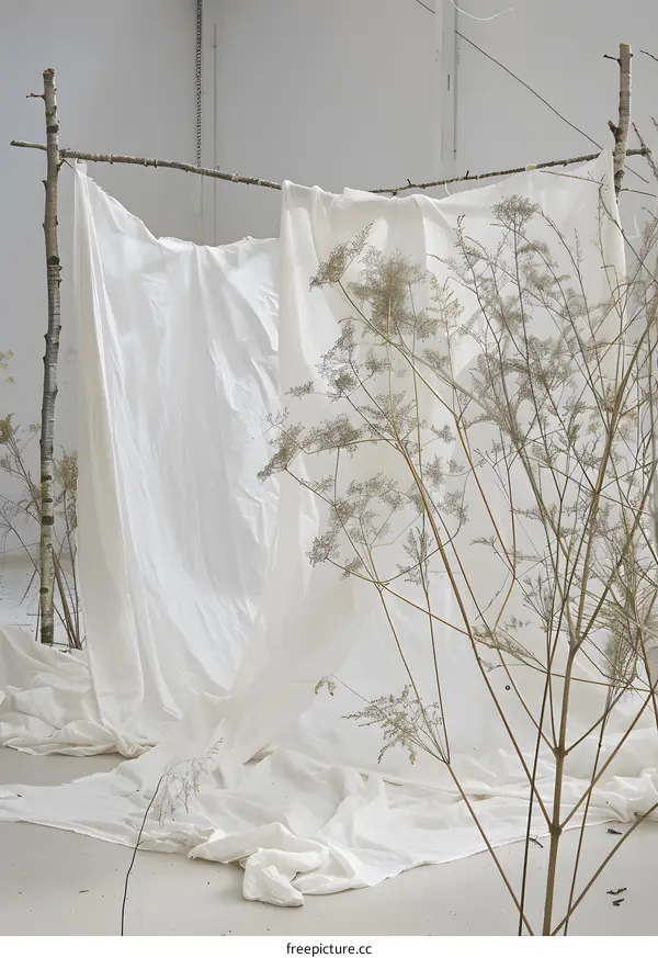 White Fabric Draped Over Branches in a Minimalist Setting