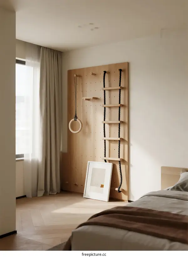 Minimalist Bedroom with Wooden Climbing Wall and Exercise Equipment