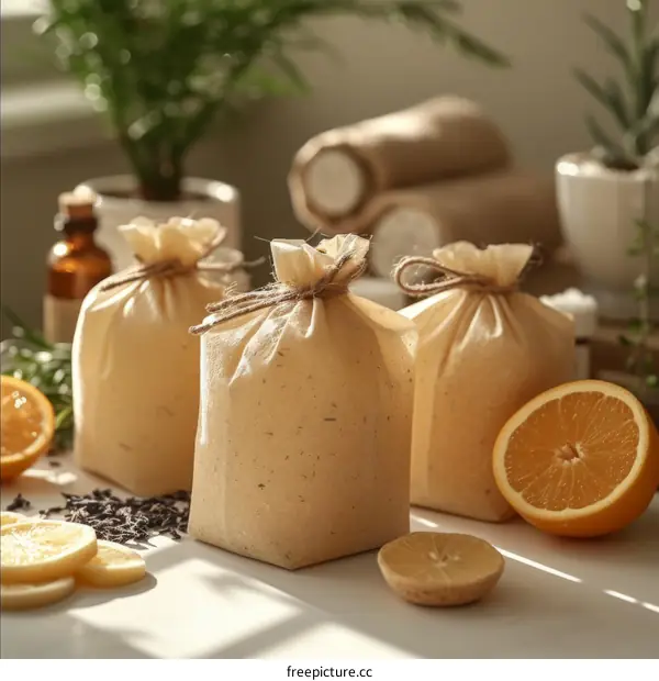Three muslin bags of bath salts with orange slices and lemon wedges