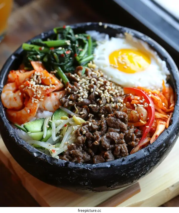 Dolsot Bibimbap: Korean Hot Stone Bowl Rice with Beef, Pork & Veggies