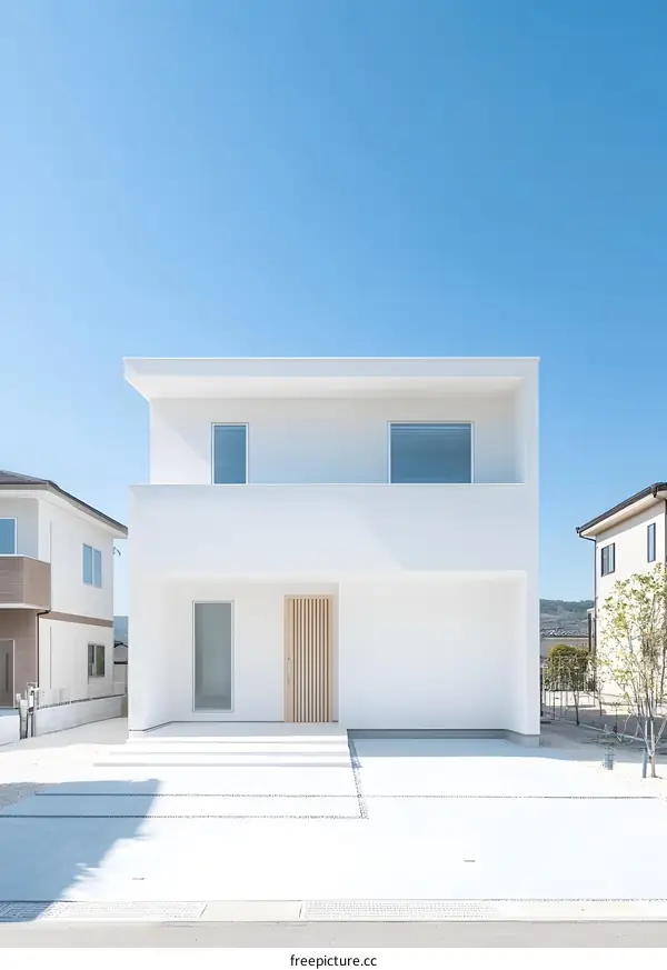 Modern Minimalist White House with Wooden Door and Front Yard