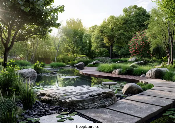 Serene Garden Oasis with Pond and Walkway