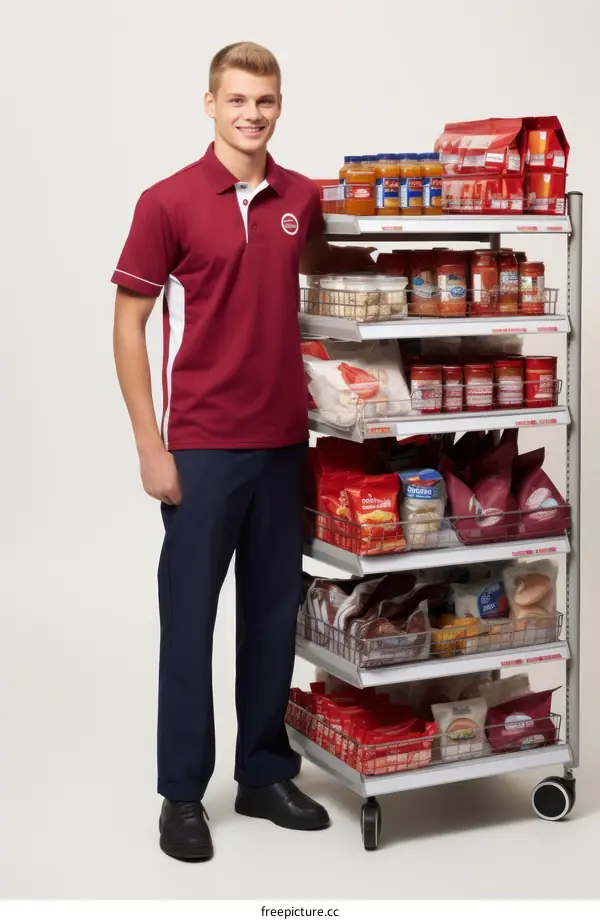 Young male supermarket employee in a red polo shirt and dark blue pants