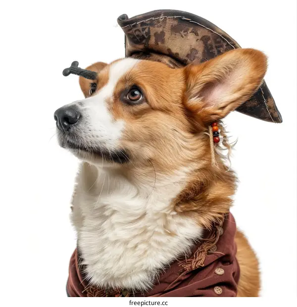 A cute corgi dog dressed up as a pirate