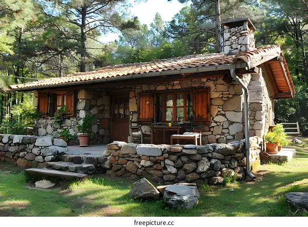 A stone cottage in the woods