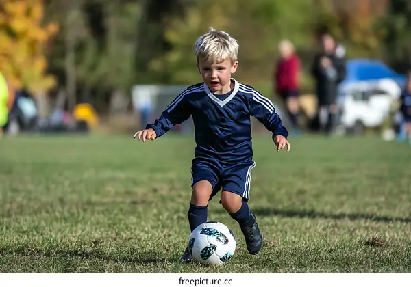 Young Boy Dribbling Soccer Ball During a Game