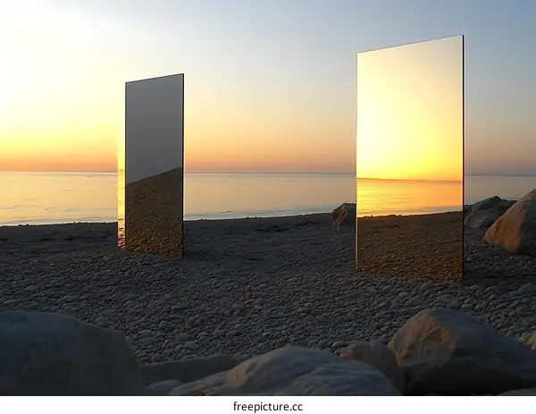 Two Mirrors Reflecting the Sunset on the Beach
