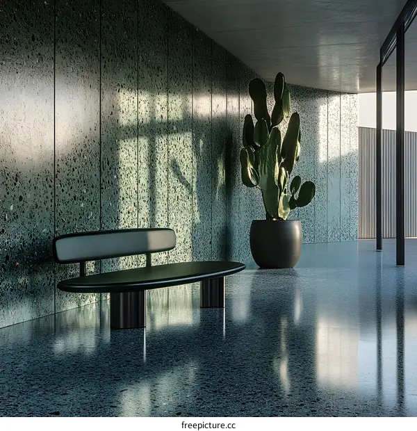 Modern Black Bench and Cactus Plant in a Minimalist Lobby