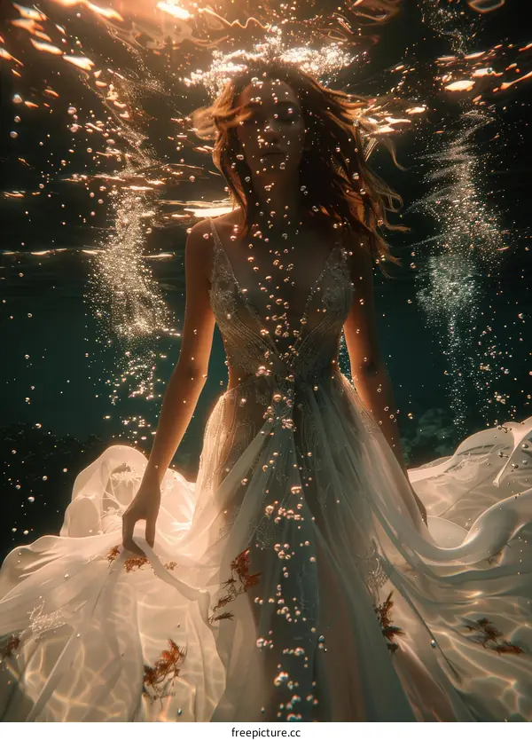 An ethereal photo of a woman wearing a white dress and floating underwater