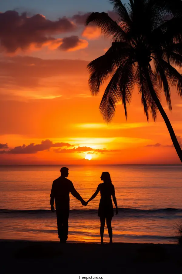 Couple holding hands walking on beach at sunset