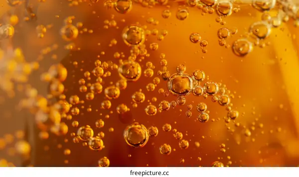 Close-up of bubbles in a glass of amber liquid