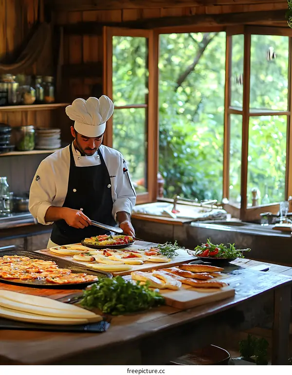 Chef Preparing Pizza In Rustic Kitchen