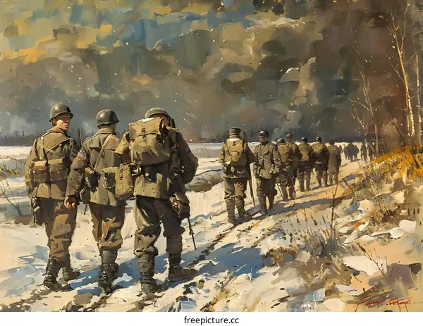 A group of soldiers walking through a snowy forest