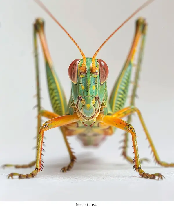 A green and orange katydid on a white surface