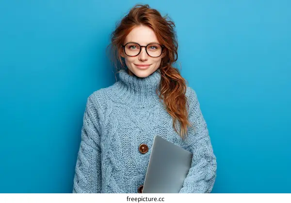 Young Woman in a Cozy Knitted Sweater with Laptop