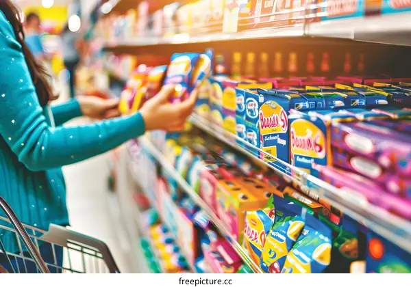 Woman Shopping in a Supermarket Aisle