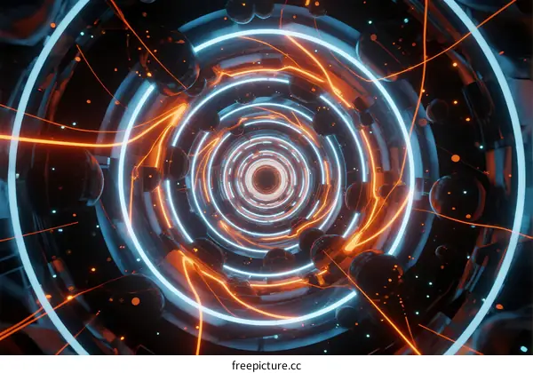 Futuristic Spiral Tunnel with Glowing Circuits and Particles