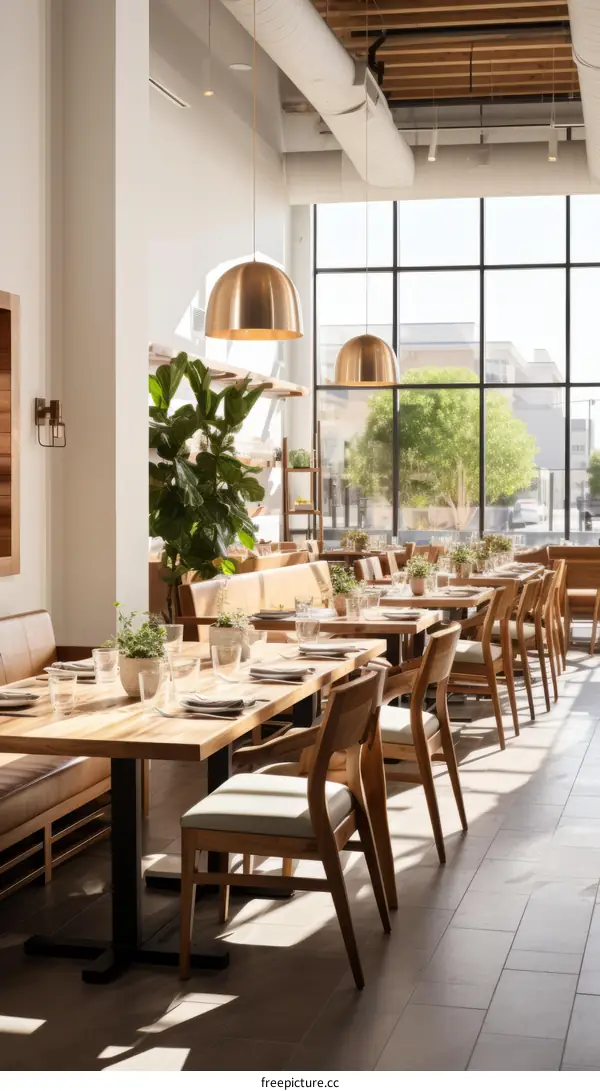 Stylish restaurant interior with natural illumination and chic furnishings