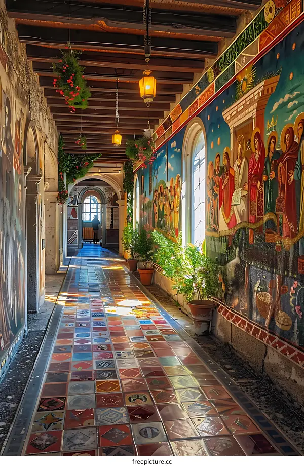 Colorful Tile Floor and Wall Murals in a Historic Italian Building