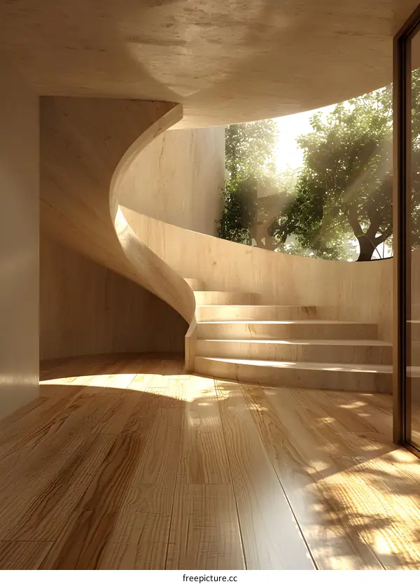 Modern spiral staircase with wooden floor